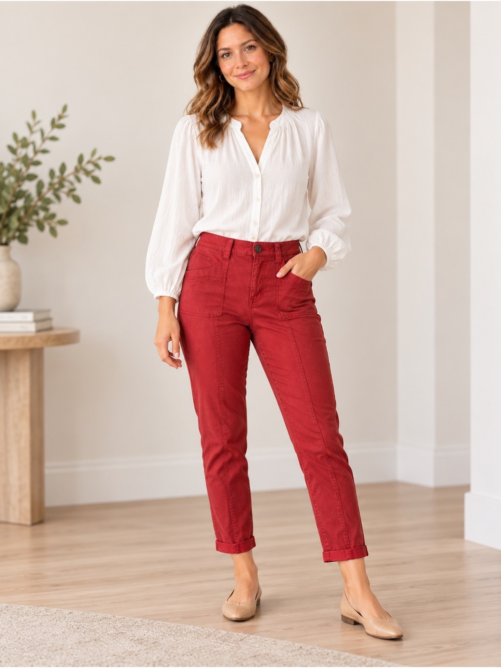 CAbi Cropped High-Rise Straight Pants in Rust Red